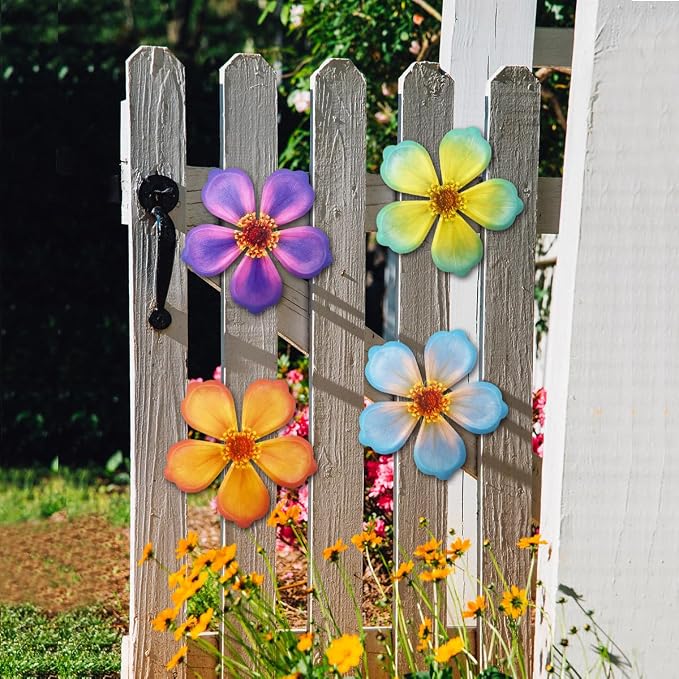 Giyyomtr Metal Flowers Wall Decor - 4pcs Metal Flower Wall Art Hanging Decorations for Outdoor Fence Garden Yard Patio Exterior Wall Decor