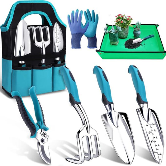 Kynup 7-Piece Gardening Tools Set, Heavy Duty Garden Tools Kit with Garden Trowel, Garden Hand Shovel, Repotting Mat, Rust Resistant, Gardening Essentials & Supplies, Bag, Gifts Kits for Women