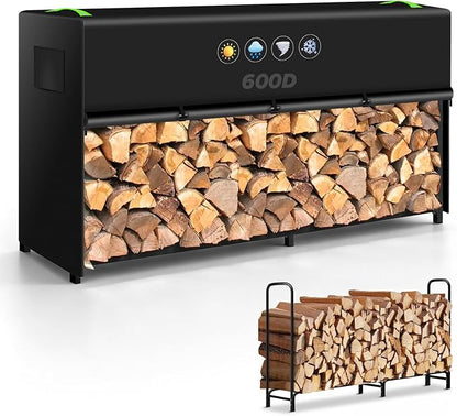 8ft Firewood Rack Cover, 600D Outdoor Waterpoof Log Rack Cover | Front Roll-up Openings, Reflective Handles, Retaining Clips, Air vents, Firewood Rack Cover ( Cover Only) , 95x25x45"