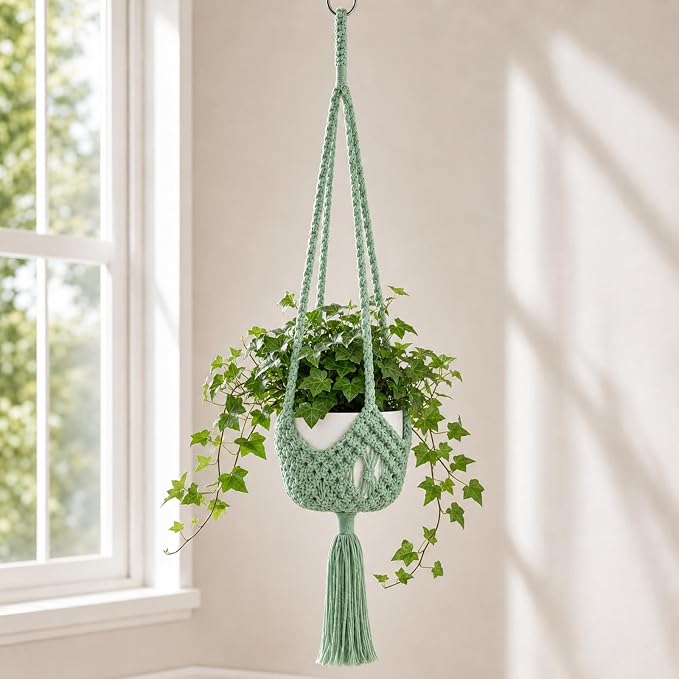 Shappy 1 Pack Boho Macrame Plant Hanger, Large Hanging Planter Plant Holder Pot Hanger Hanging Basket Wall Planters, Plants Lover Gift for Indoor Garden (Spiral Knot,Sage Green)
