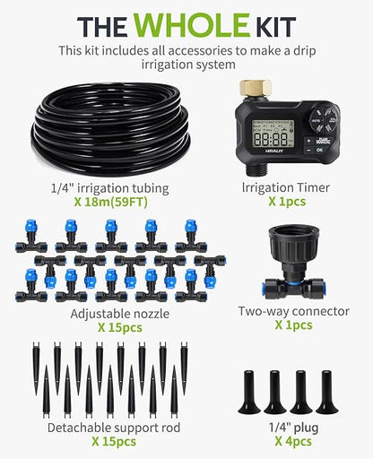 HIRALIY 59FT Drip Irrigation Kit with Water Timer, Quick-Connect Garden Watering System with 15 Adjustable Misting Nozzles, 1/4 in Tubing for Greenhouse, Hanging Plants & Raised Beds