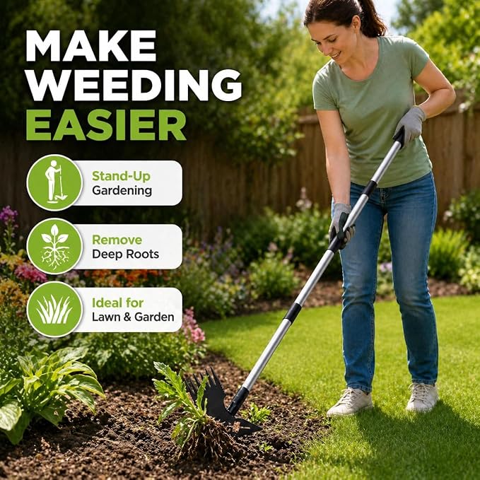Weed Puller Tool with Long Handle, 60'' Adjustable Long Manual Weeder Remover Tool，2 in 1 Weed Rake and Gardening Weeder Tools for Yard, Lawn, Patio, Garden