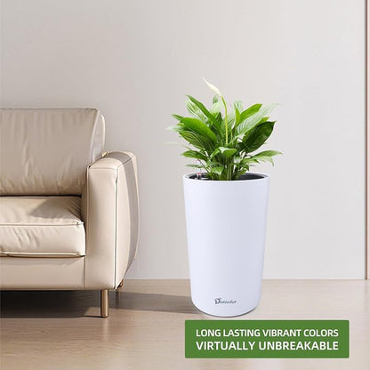 Dexceder 16x12 Self Watering Tall Planter (White Matte) | High Cylinder, Thickened Large Floor Standing Flower Plant Pot with Water Level Indicator Indoor Outdoor