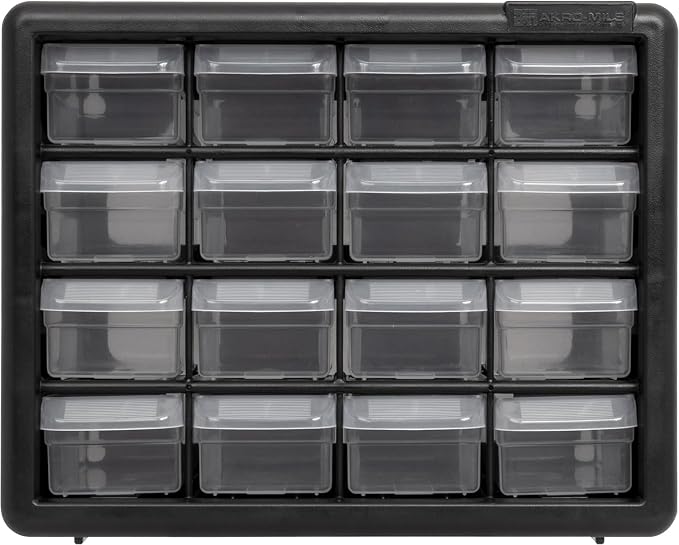 Akro-Mils 16-Drawer Plastic Drawer Storage Cabinet for Garage Organization, Beads, Makeup Organizer, Building Bricks Storage, Teacher Toolbox, 10-1/2" W x 6-1/2" D x 8-1/2" H, 10116 Black (Pack of 2)