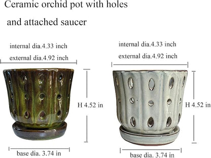 Orchid Pots 4.9 inch Ceramic Orchid Pots with Holes Set of 2 (mossgreen+White)