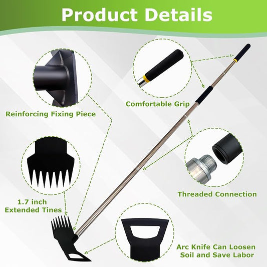 Weed Rake and Garden Hoe,7-Tine Manual Weeder Remover Tool,4-Section Adjustable 2 in 1 Hoe and Rake for Heavy-Duty Root Removal and Weed Clearing in Yards,Lawns,Patios,and Gardens