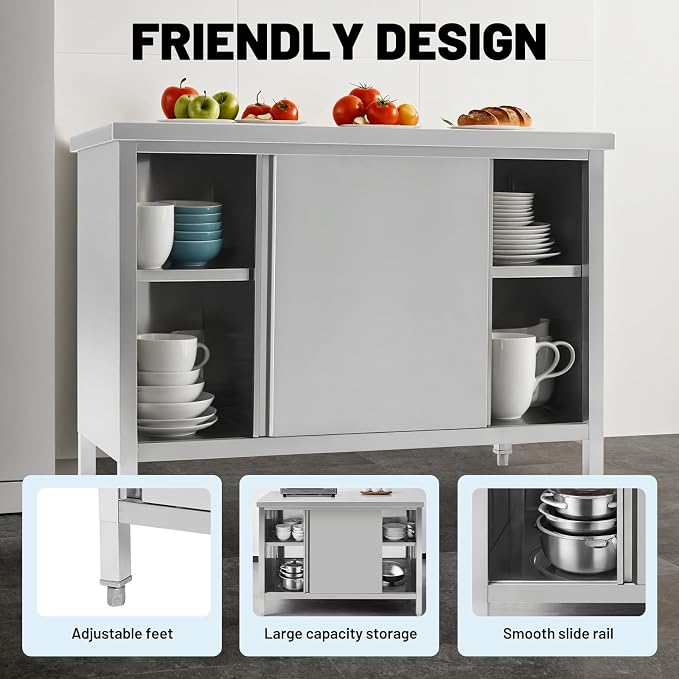 Hally Stainless Steel Cabinet, 30" x 60" NSF Commercial Heavy Duty Prep Workbench with Two Sliding Doors, Large Storage Cabinet, Metal Table for Kitchen, Restaurant, Garage