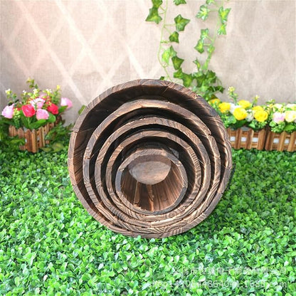 Healeved Wooden Round Barrel Flower Pot Planter with Breathable Bottom Hole for Home Office Garden Decor 7.08X5.9 Inches