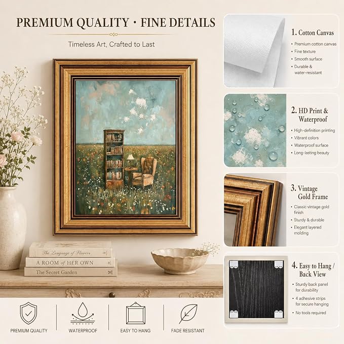 Gold Framed Vintage Book Nook Canvas Wall Art for Library Reading Room,Whimsical Bookshelf Print Pictures, Book Lover Wall Decor 12"x16"