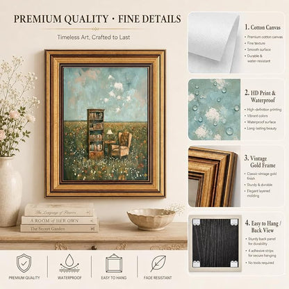 Gold Framed Vintage Book Nook Canvas Wall Art for Library Reading Room,Whimsical Bookshelf Print Pictures, Book Lover Wall Decor 9"x11"