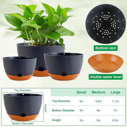 Nooulap 12/10/8/8 Inch Pots for Plants, 4 Pack Large Self Watering Pots for Indoor Plants with Drainage and Saucers, Plastic Outdoor Flower Pot(Grey)