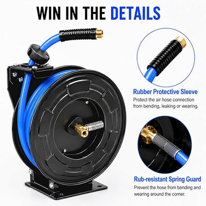 Heavy Duty Retractable Air Hose Reel, 1/2 IN x 50 FT Hybrid Air Hose, Max 300PSI Air Compressor Hose Reel with Auto Rewind, Ceiling/Wall Mount Single Arm Premium Steel Reel for Garage Workshop
