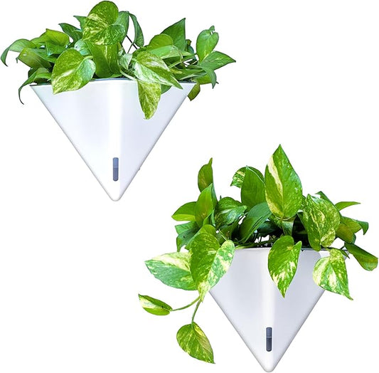 LaLaGreen Wall Planters for Indoor Plants (12in, 2 Pack) White Planter | Large Self Watering Geometric Hanging Flower Vase Vessel with Metal Hanger, Modern Stylish Wall Mounted Succulent Pot Decor