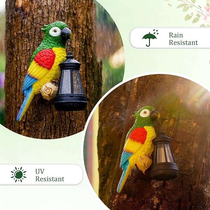 Colorful Parrot Garden Decor, Hanging Tree Ornament with Lantern Accent, Outdoor Yard Art for Patios and Lawns, Unique Gift for Garden Lovers