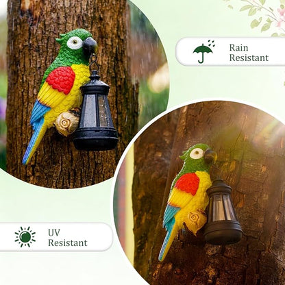 Colorful Parrot Garden Decor, Hanging Tree Ornament with Lantern Accent, Outdoor Yard Art for Patios and Lawns, Unique Gift for Garden Lovers