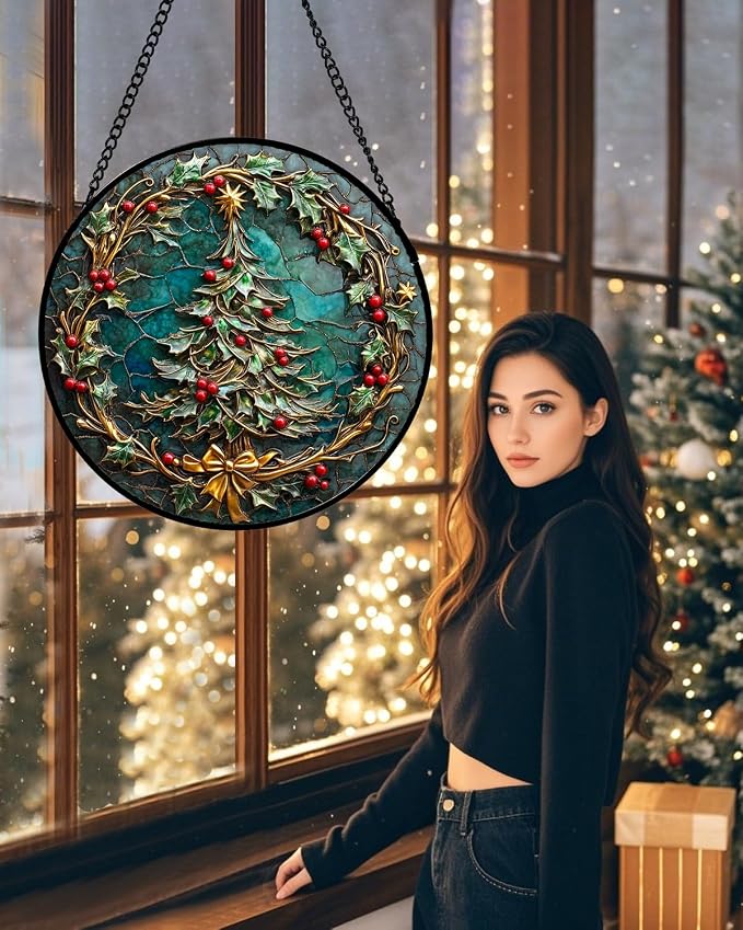DASTOLL Stained Glass Window Hangings - Red Gold Green Wreath Suncatcher for Door Home Christmas Tree Decoration Sun Catcher Thanksgiving New Year Birthday Gift for Women Men Mom Grandma 7.8 in