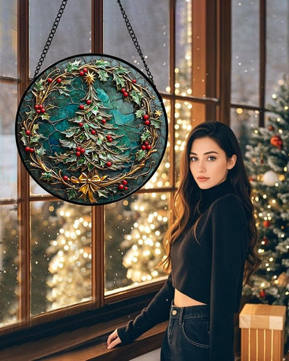 DASTOLL Stained Glass Window Hangings - Red Gold Green Wreath Suncatcher for Door Home Christmas Tree Decoration Sun Catcher Thanksgiving New Year Birthday Gift for Women Men Mom Grandma 7.8 in