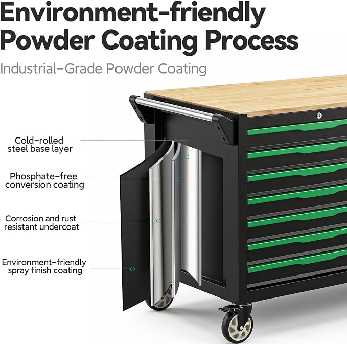 7-Drawers Professional Tool Cart Cabinet,Rolling Tool Chest with Double Shelves,Wood Workbench,Brake Wheels,51.1W x 18.9D x 32.3H inches for Garage, Workshop, or Outdoor Use(7 Drawers)