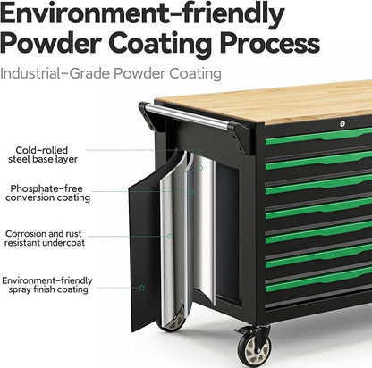 7-Drawers Professional Tool Cart Cabinet,Rolling Tool Chest with Double Shelves,Wood Workbench,Brake Wheels,51.1W x 18.9D x 32.3H inches for Garage, Workshop, or Outdoor Use(7 Drawers)
