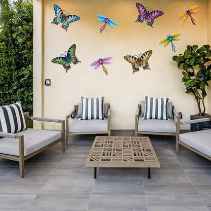 DEWEL 8 Pcs Metal Butterfly Dragonfly Wall Decor, Garden Decor for Outside Wall Art, Colorful Hanging Decorations Outdoor Wall Decor for Garden Fence Patio Yard, Great Gift Choice