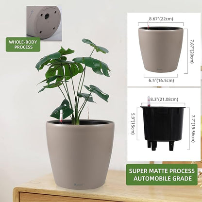 Dexceder 9x8 Self Watering Planter (Taupe Matte) | Inner Pot Design, Thickened Table Flower Plant Pot with Water Level Indicator Indoor Outdoor