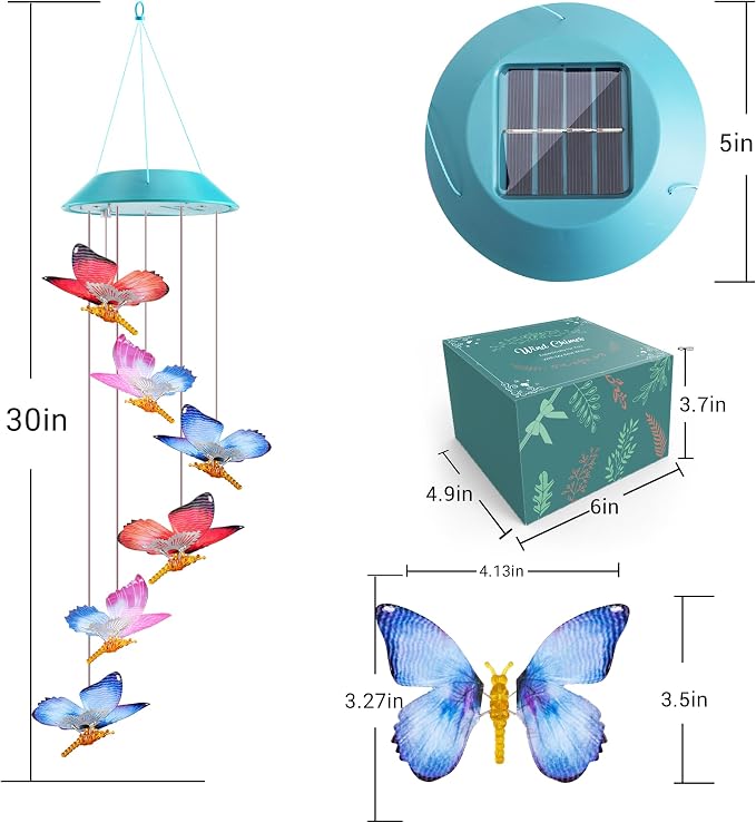 Toodour Solar Wind Chime, Color Changing LED Swaying Butterfly Wind Chimes, Upgrade Butterfly with Fluttering Wings, Waterproof Solar Outdoor Light Decor for Garden Window Patio, Gift for Mom Grandma