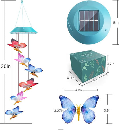Toodour Solar Wind Chime, Color Changing LED Swaying Butterfly Wind Chimes, Upgrade Butterfly with Fluttering Wings, Waterproof Solar Outdoor Light Decor for Garden Window Patio, Gift for Mom Grandma