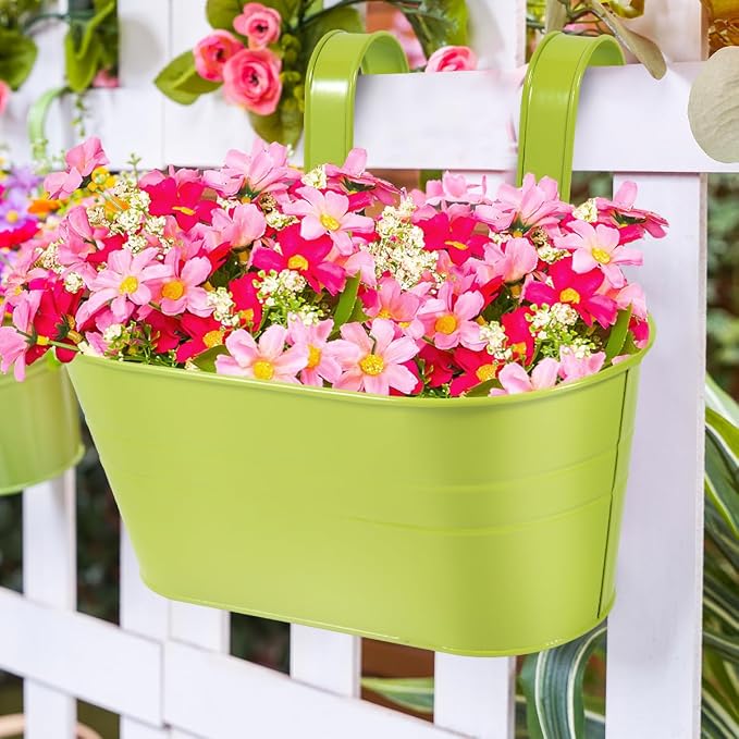 OBTANIM 4 Pack Metal Hanging Flower Pots Iron Railing Planter Outdoor Fence Hanging Pots Bucket Plant Holder with Detachable Hooks Drain Holes for Home Garden Yard Decor (Mixed Color)