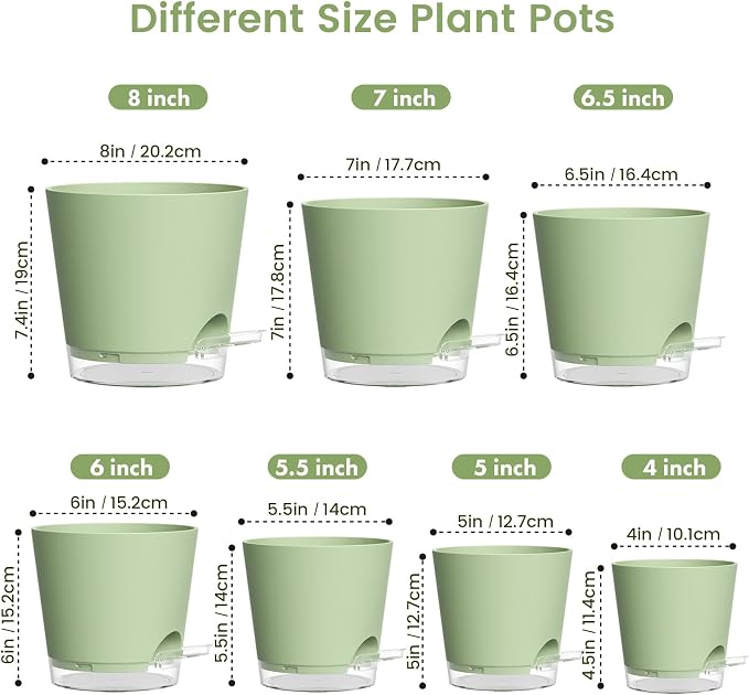 Meowell Self Watering Pots Set of 7 – Assorted Size 4" to 8" Indoor Plant Pots with Drainage Holes and Clear Reservoir for Visible Water Level, Plastic Wicking Planter for House Plants & Flower, Green