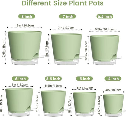 Meowell Self Watering Pots Set of 7 – Assorted Size 4" to 8" Indoor Plant Pots with Drainage Holes and Clear Reservoir for Visible Water Level, Plastic Wicking Planter for House Plants & Flower, Green