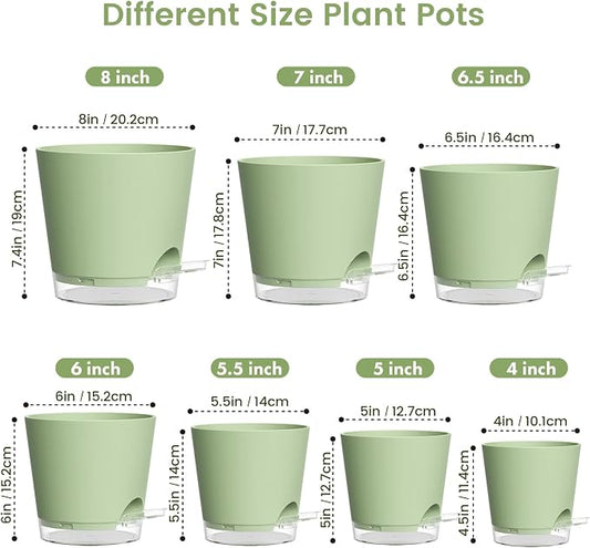 Meowell Self Watering Pots Set of 7 – Assorted Size 4" to 8" Indoor Plant Pots with Drainage Holes and Clear Reservoir for Visible Water Level, Plastic Wicking Planter for House Plants & Flower, Green