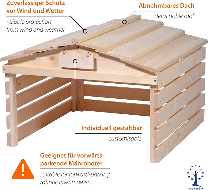 dobar® Robot Lawnmower Garage Made of Wood with Removable Roof - Lawn Robot Shelter with Customisable Sign - 78.5 x 74 x 52.5 cm - Natural