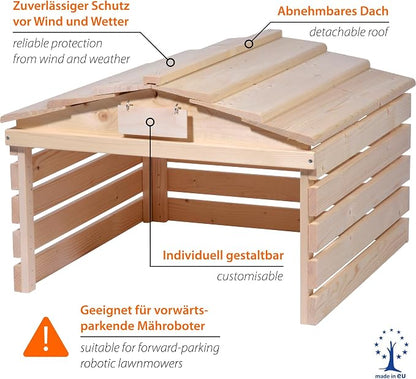 dobar® Robot Lawnmower Garage Made of Wood with Removable Roof - Lawn Robot Shelter with Customisable Sign - 78.5 x 74 x 52.5 cm - Natural