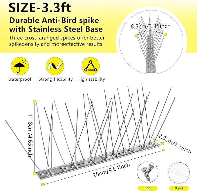 Bird Spikes,4Pcs,Stainless Steel Spikes with Base,Keep Woodpeckers Pigeon Raccoons Away,Anti Climb Spikes for Graden Patio Fence,3.28Ft
