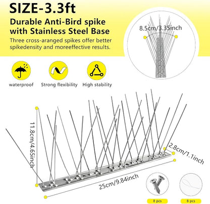 Bird Spikes,4Pcs,Stainless Steel Spikes with Base,Keep Woodpeckers Pigeon Raccoons Away,Anti Climb Spikes for Graden Patio Fence,3.28Ft