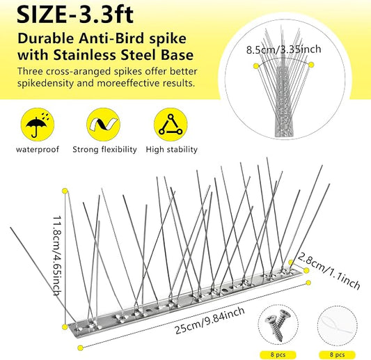 Bird Spikes,4Pcs,Stainless Steel Spikes with Base,Keep Woodpeckers Pigeon Raccoons Away,Anti Climb Spikes for Graden Patio Fence,3.28Ft