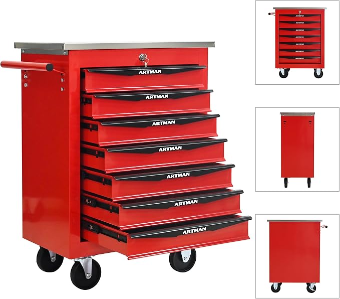 KEIKI 7 Drawers Tool Cart on Wheels,Multifunctional Rolling Tool Chest Tool Storage,Drawers Rolling Tool Trolley Organizer Tool Case for Garage, Warehouse, Workshop, Repair Shop (Red)