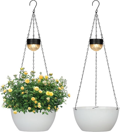 SUNNYPARK 2 Pack Solar Hanging Planters for Plants Outdoor | Self Watering, White Flower Pots with Solar Light, Hanging Garden Planters with Drainer for Balcony Patio Outdoor Decor