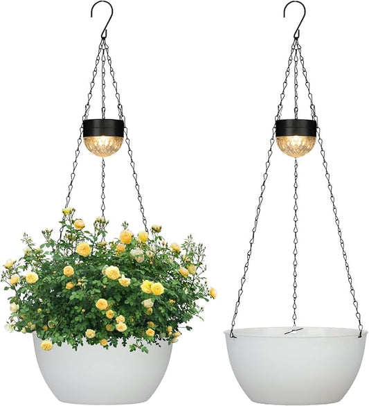SUNNYPARK 2 Pack Solar Hanging Planters for Plants Outdoor | Self Watering, White Flower Pots with Solar Light, Hanging Garden Planters with Drainer for Balcony Patio Outdoor Decor