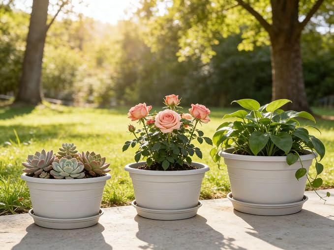 MRPAPA 6 Pack Large 10 Inch Plastic Plant Pot, Outdoor Indoor Round Planters Pots with Drainage Hole & Tray Saucer,Decoration Pots for Home,Patio & Garden (Grey White)