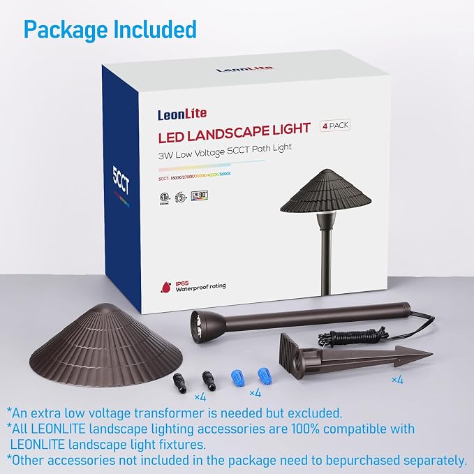 LEONLITE 4-Pack 5CCT LED Low Voltage Landscape Path Lights, 12-24V AC/DC | 3W 120LM, CRI90, ETL Listed, Cast Aluminum, IP65, 1800K/2700K/3000K/4000K/5000K, Wired Pathway Lights, for Yard Lawn