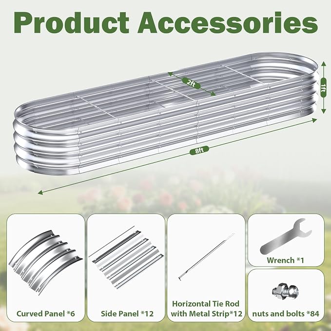 Galvanized Raised Garden Bed Outdoor, 8x2x1ft Metal Heavy Duty Planter Boxes for Gardening, Easy Assemble Small Oval Plant Container Kit for Vegetables, Flowers, Fruits, Silver, 1 Pack