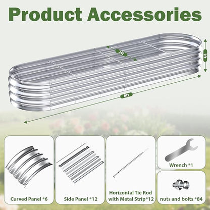 Galvanized Raised Garden Bed Outdoor, 8x2x1ft Metal Heavy Duty Planter Boxes for Gardening, Easy Assemble Small Oval Plant Container Kit for Vegetables, Flowers, Fruits, Silver, 1 Pack