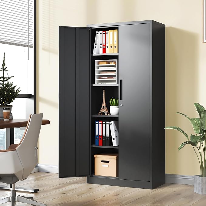 Metal Storage Cabinet with 2 Doors and 4 Shelves, 71" H Metal Cabinet with Lock, Steel Locking File Cabinet, Lockable Storage Cabinet, Tool Cabinet for Home, Office,Garage, School, Black