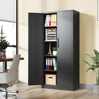 Metal Storage Cabinet with 2 Doors and 4 Shelves, 71" H Metal Cabinet with Lock, Steel Locking File Cabinet, Lockable Storage Cabinet, Tool Cabinet for Home, Office,Garage, School, Black
