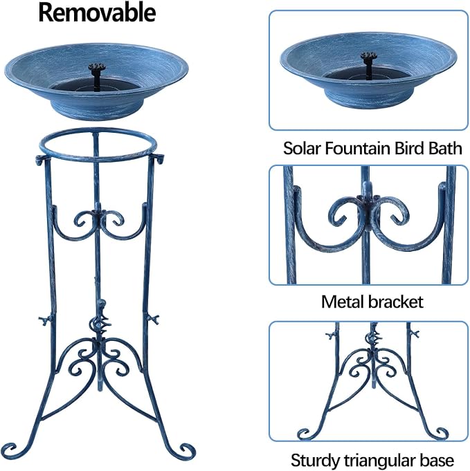 Multifunctional Solar Bird Bath for Outside, Metal Birdbath Stand and Solar Fountain Bird Bath Bubbler Combo Set, Solar Birdbaths for Outdoors Garden Lawn Yard Decor（Blue）