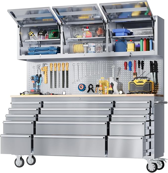 GarveeTech 72-Inch Heavy-Duty Rolling Tool Chest & Mobile Workbench, 15 Drawers & 3 Top Cabinets, Rubber Wood Tabletop, Key Locking System, Drawer Liners, Wheels, Steel Storage Cabinet for Garage
