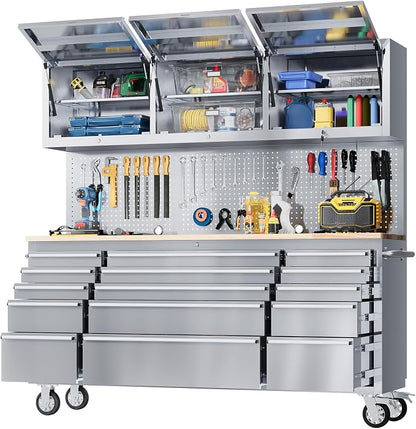 GarveeTech 72-Inch Heavy-Duty Rolling Tool Chest & Mobile Workbench, 15 Drawers & 3 Top Cabinets, Rubber Wood Tabletop, Key Locking System, Drawer Liners, Wheels, Steel Storage Cabinet for Garage