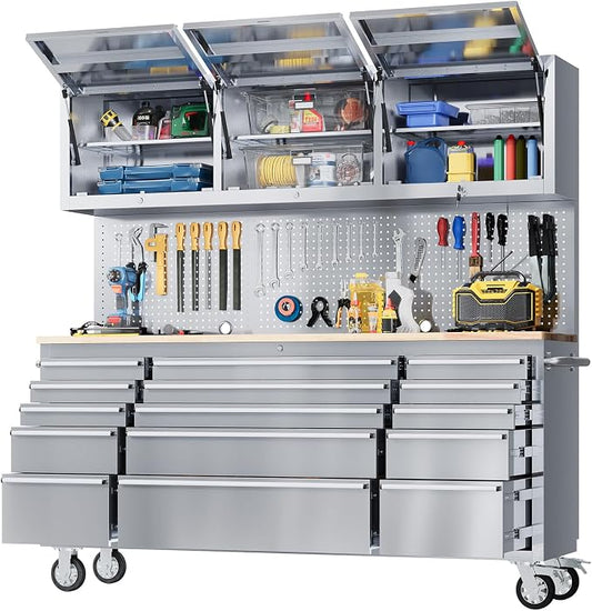 GarveeTech 72-Inch Heavy-Duty Rolling Tool Chest & Mobile Workbench, 15 Drawers & 3 Top Cabinets, Rubber Wood Tabletop, Key Locking System, Drawer Liners, Wheels, Steel Storage Cabinet for Garage