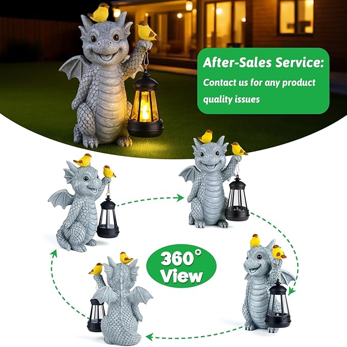 Solar Dragon Garden Statue with Lantern and Birds – Resin Dinosaur Figurine with LED Light for Yard, Outdoor Decor, Gifts for Mom, Women (Dragon)
